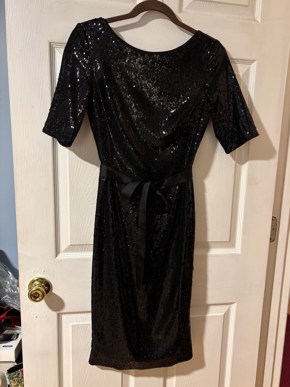 Boden Black Sequin Midi Dress with Ribbon Waist Tie 4R